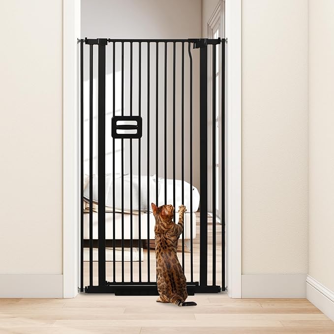SMONTER 55" High Extra Tall Baby Gate, Safety Cat Gate for Doorways, Expands to 30.1"-34.1" Wide, Auto Close Dog Gate, No Drilling Pressure Mounted Cat Fence, Pet Gate Indoor for Stairs, Black