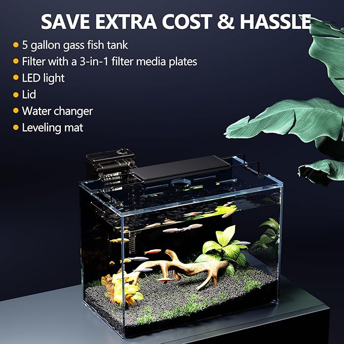 5 Gallon Fish Tank Aquarium Kit with Heater, HOB Filter, LED Light with Timer, Lid, Siphon Vacuum Cleaner, Self Cleaning Glass Rimless Betta Tank