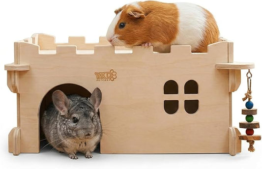Castle Chinchilla House, Small Animal Hideout for Chinchilla, Guinea Pig, Hedgehog, or Rat, Ventilated Wooden Guinea Pig Hut Habitat with Multiple Doors (Large)