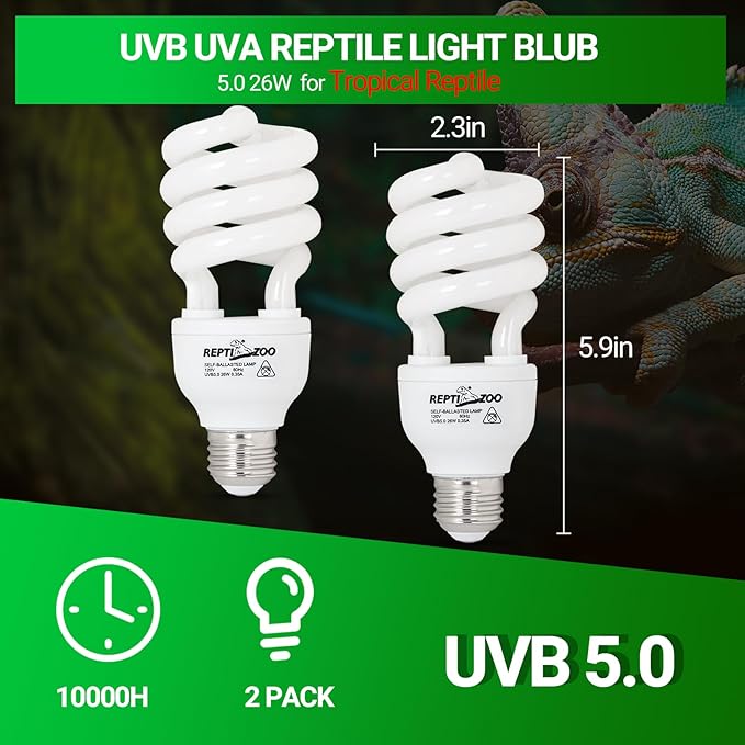 REPTI ZOO UVB Light for Tropical Reptile, 2 Pack 5.0 26W UVA UVB Reptile Light Bulb, UVB Lamp for Crested Gecko Leopard Gecko Frog Toad Snake Chameleon