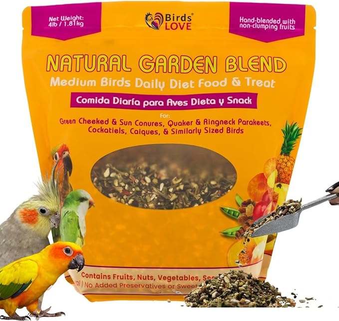 Birds LOVE All Natural Garden Blend Bird Food for Medium Birds - Cockatiels, Green Cheek Conures, Ringneck Parakeets and Small Quakers 4lb