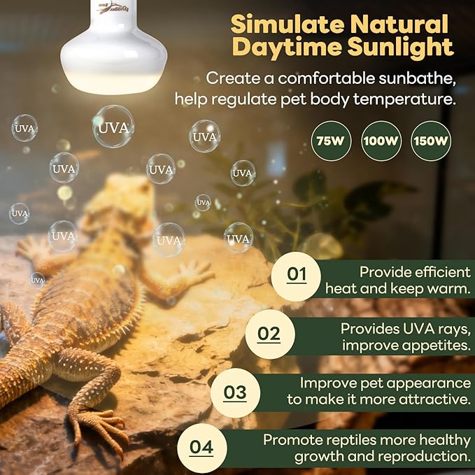 Reptile Heat Lamp, 2 Pack 100W Simulated Natural Sunlight Heat Lamp Bulbs Reptile Warm Light Lamps UVA Daylight Basking Light for Bearded Dragon Chameleon Turtle Snake Gecko Lizard Chicken, White
