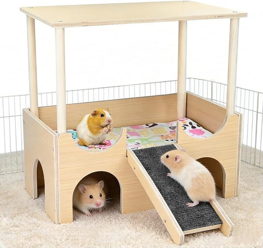 Upgraded Guinea Pig Castle, Sturdy Wooden Guinea Pig Hideout, Cozy Habitat Hut with Ladder for Playing & Hiding, Easy-to-Assemble House Bed for Hamsters, Rabbits and Chinchillas