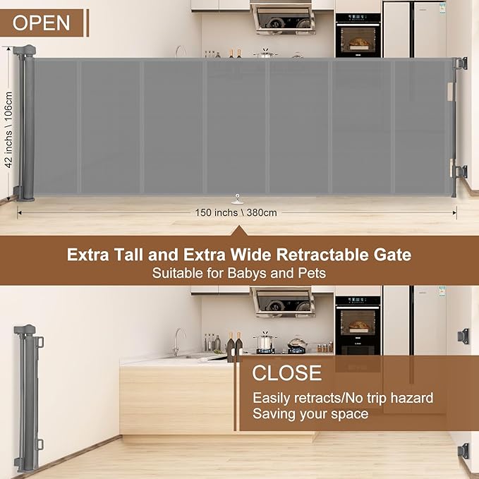 Miumoon 150 inch Retractable Baby Gates 42 inch Tall, Retractable Gate with Reinforced Strip Design to Prevent Crawling Through, 12 FT Extra Wide Retractable Dog Gate for Indoor/Outdoor