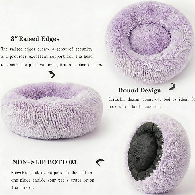 Calming Dog Bed for Medium Dogs Washable Donut 30 inches Anti-Slip Pet Bed,Round Fluffy Plush Faux Fur Cat Bed,Fits up to 45 lbs Pets,Gradient Purple