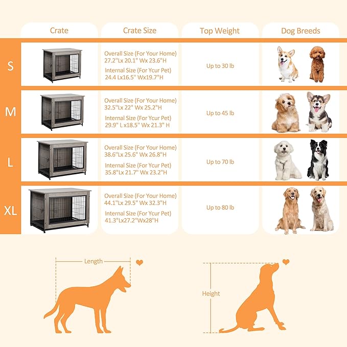 Shintenchi Dog Crate Furniture, Double-Doors Kennel Indoor with Removable Tray, End Table Dog House for Small Medium Breed, 32.5" L, Grey