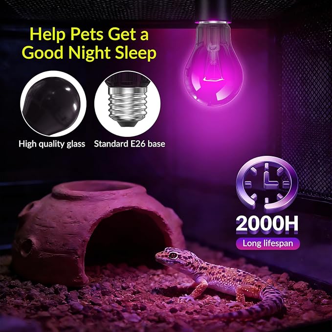 Lustaled Reptile Heat Lamp Bulbs-75W Reptile Night Heat Bulb E26 Terrarium Heat Lamp Simulate Natural Moon Purple Light for Snake Bearded Dragon Leopard Gecko Lizard Chameleon Tortoise -2Pack