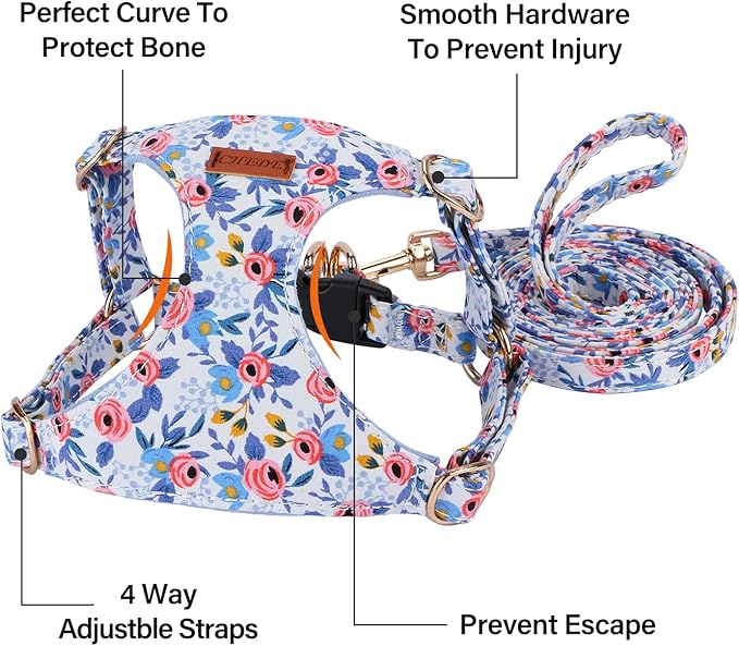 CHEDE No Pull Floral Pattern Dog Harness- Lightweight and Soft Harness, Adjustable Small Dog Harness and Leash Set, with Dog Leash, Suitable for Puppy Small and Medium-Sized Dog (M, Blue Rose)