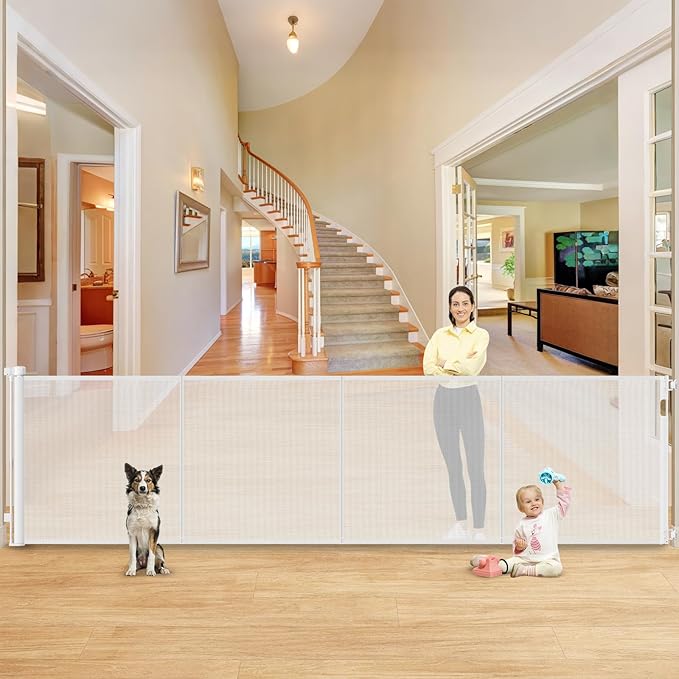 Reinforced 42” Extra Tall X 159” Extra Wide Retractable Gate Indoor Prevent Kids and Pets from Getting Through Tall Retractable Baby Gates for Doorways Pet Gates for Wide Openings Mesh Baby Gate White