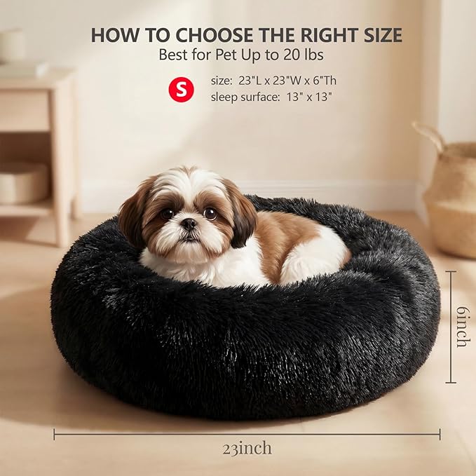 Calming Donut Dogs Beds for Small Dogs Washable,23inch Plush Round Pet Bed for Cozy Sleep,Fluffy Faux Fur Large Cat Bed,Fits up to 25 lbs Pets,Black