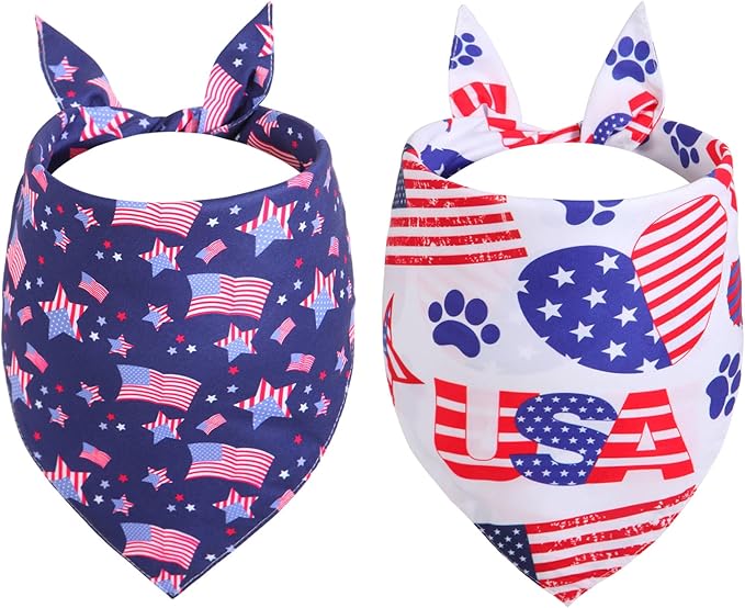 4th of July Dog Bandanas Small 2PCS, American Flag Patriotic Scarf, Independence Holiday Bandana,Premium Durable Triangle Reversible USA Bandana for Small XS Dogs Cats