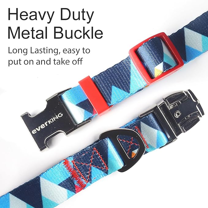 Everking Dog Leash and Collar Set with Metal Buckle, Suitable for Medium Dogs Weighing 11-20kg,Memphis Geometric Pattern Design Style, Flexible Webbing, Nylon Handle, Adjustable (Blueberries, M)