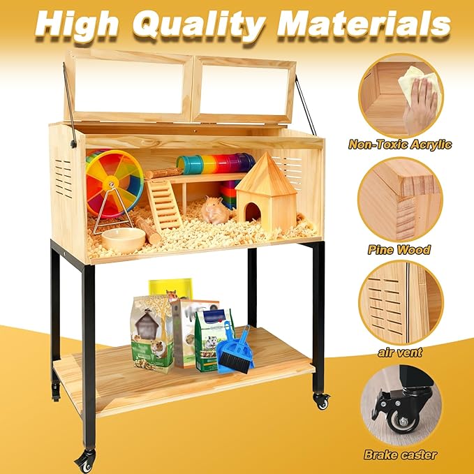 Hamster Cage with Storage, Wooden Hamster Cage, Pine, Guinea Pig Cages, 31.5"L x 15.7"W x 38.0"H, 2 Tiers Movable Large Hamster Cages with Storage Shelf for Guinea Pig, Chinchilla, Rat, Bunny, etc.