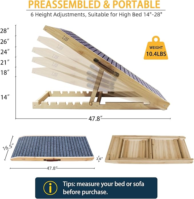 ZJSF Foldable Wooden Dog Ramp for High Bed, Dog Stairs for Small and Large Dogs, High Traction Platform with 6 Adjustable Heights (14"-28"), 47.8", Supports up to 200 lbs