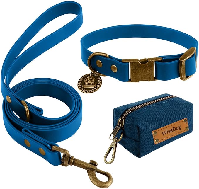 Wisedog Waterproof Dog Collar and Leash Set, Adjustable Puppy Collar with Cute Tag 6FT Dog Leash with Poop Bag for Small Medium Large Dogs (XL, Blue)