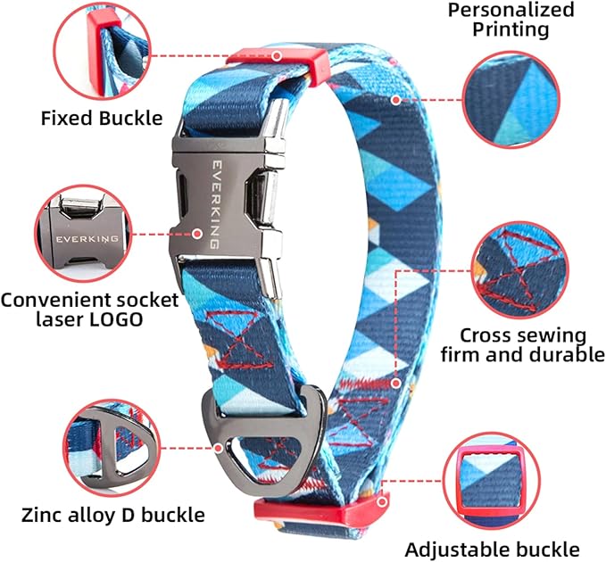 Everking Dog Leash and Collar Set with Metal Buckle, Suitable for Small Dogs Weighing 3-10kg,Memphis Geometric Pattern Design Style, Flexible Webbing, Nylon Handle, Adjustable (Blueberries, S)