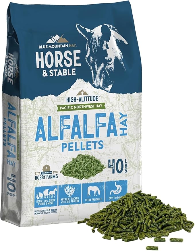 Blue Mountain Hay High Altitude Alfalfa Hay Pellets (40 lb), Ultra Premium Nutrient Dense Forage, Small Quick Soaking Low Dust Pellets, Easy to Measure, Automatic Feeder Friendly
