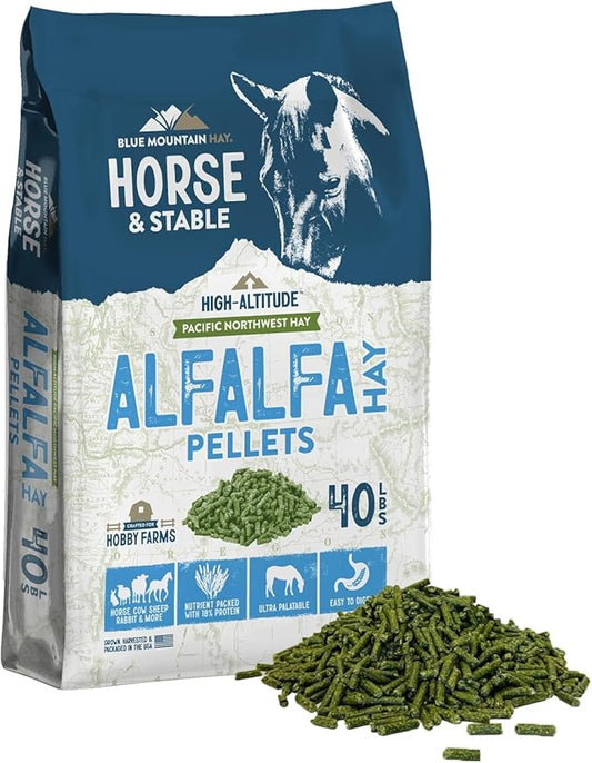Blue Mountain Hay High Altitude Alfalfa Hay Pellets (40 lb), Ultra Premium Nutrient Dense Forage, Small Quick Soaking Low Dust Pellets, Easy to Measure, Automatic Feeder Friendly
