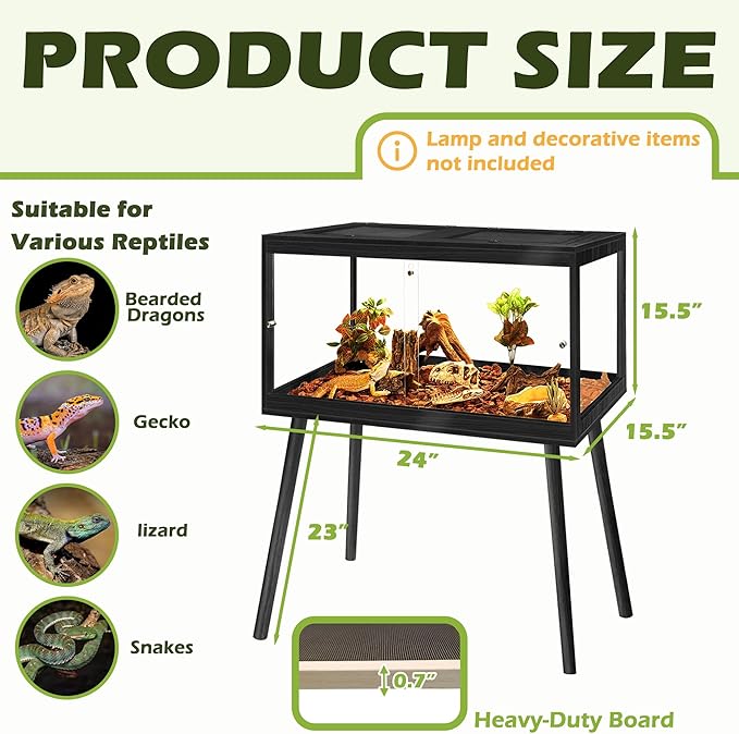 PROLEE Bearded Dragon Tank with Leg, 30 Gallon Tempered Glass Lizard Tank, Reptile Enclosure with Metal Mesh and Lockable Door, Reptile Tank for Snakes,Chameleon (Black, 24x15.5x15.5 Inch)