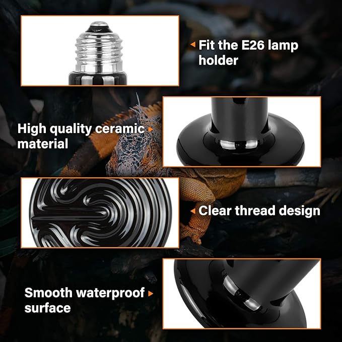 Simple Deluxe 50W Ceramic Heat Emitter Reptile Heat Lamp Bulb No Light Emitting Brooder Coop Heater for Amphibian Pet & Incubating Chicken,2 Pack