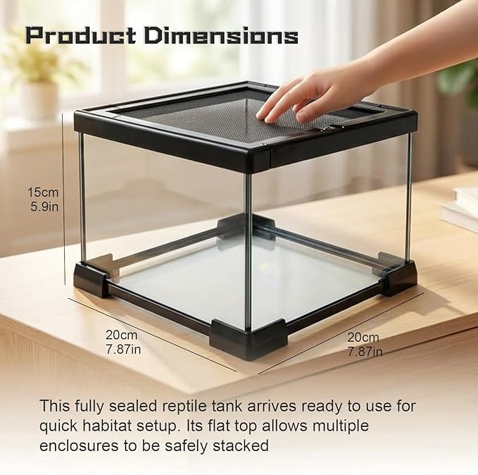Small Glass Reptile Enclosure,8x8x6 Tarantula Enclosure with Lockable Sliding Screen Top - Full View Insects Breeding Box Small Amphibians Cage for Leopard Gecko, Frog, Hermit Crab, Isopods