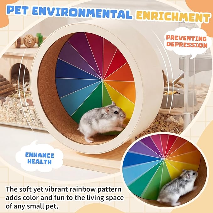 Geelin 7 Inch Hamster Wooden Silent Wheel, Rainbow Printed Small Animal Exercise Wheel, Quiet Spinner Hamster Running Wheels Prevent Depression Toys for Hamsters, Gerbils, Mice and Other Small Pets