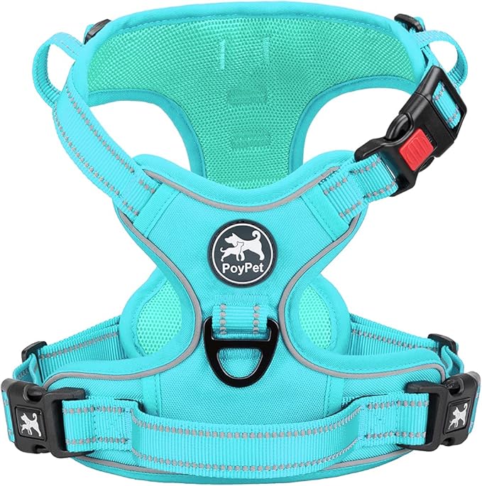 PoyPet No Pull Dog Harness, No Choke Reflective Dog Vest, Adjustable Pet Harnesses with Easy Control Padded Handle for Small Medium Large Dogs(Mint Blue Matching Trim,XL)