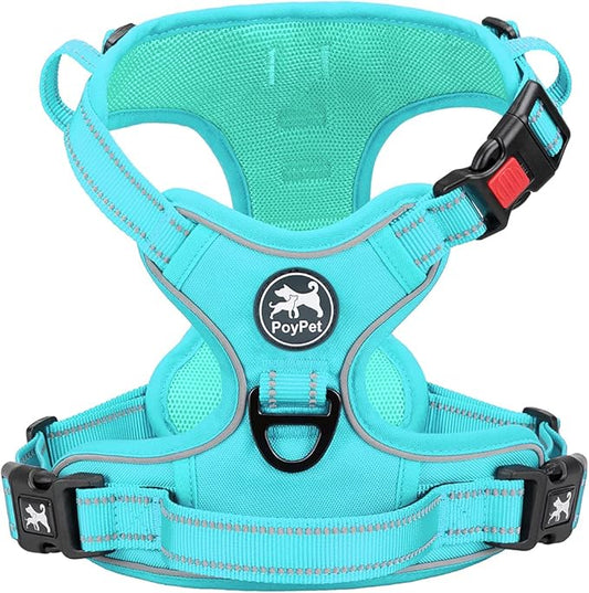 PoyPet No Pull Dog Harness, No Choke Reflective Dog Vest, Adjustable Pet Harnesses with Easy Control Padded Handle for Small Medium Large Dogs(Mint Blue Matching Trim,XL)