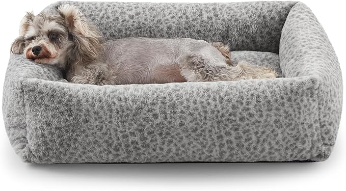 JOEJOY Small Dog Bed for Small Dogs, Removable Washable Cover Orthopedic Soft Faux Rabbit Fur Pet Bed, Anti-Slip Fluffy Plush Puppy Bed, 20"x19"x6", Leopard Print, Grey