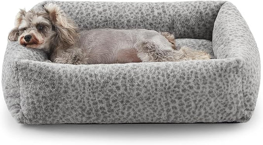 JOEJOY Small Dog Bed for Small Dogs, Removable Washable Cover Orthopedic Soft Faux Rabbit Fur Pet Bed, Anti-Slip Fluffy Plush Puppy Bed, 20"x19"x6", Leopard Print, Grey
