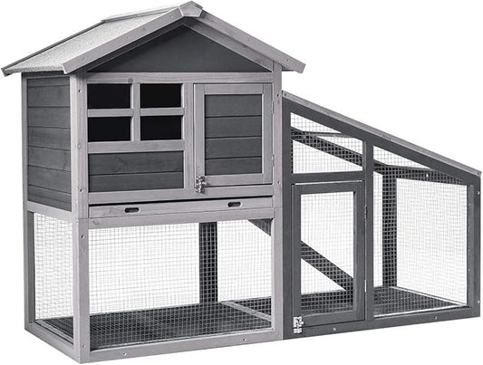 Tangkula Rabbit Hutch Indoor Outdoor, Wooden Chicken Coop, Bunny Hutch with Run, Ventilation Door, Removable Tray, Ramp, Sunlight Panel, Backyard Garden Animals Pet Cage (Gray)