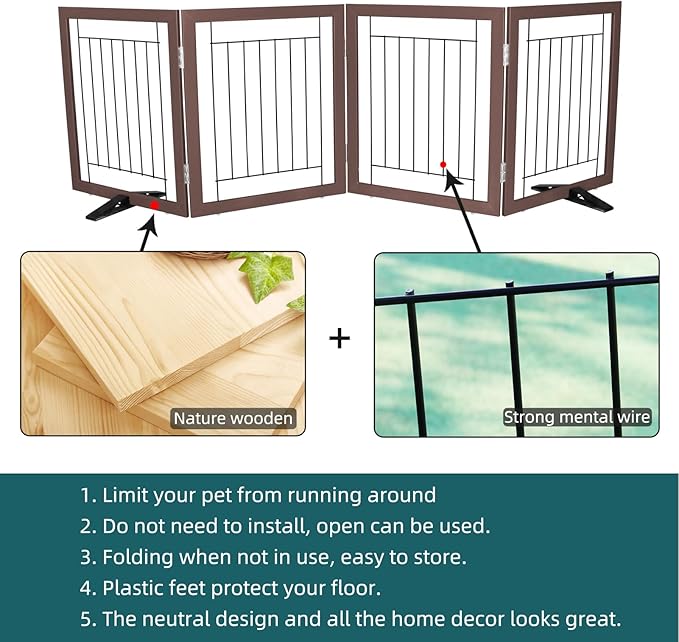 ZJSF Freestanding Dog Gate Indoor, Foldable Dog Fence for Doorways,Hallways or Stairs, Sturdy Wood Extra Wide Pet Gate with Support Feet,Brown,24 "Height-4 Panels