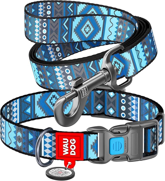 Nylon Dog Collar and Leash Set - Adjustable Dog Collar for Large Dogs, Small & Medium Dogs - Puppy Collars for Large Breed - Boy & Girl Collars with Durable Plastic Buckle and QR Tag