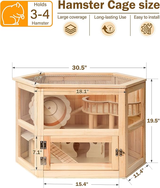5 in 1 Wooden Hamster Cage|3 Tier Small Animal Cage with Silent Exercise Running Wheel|Large Syrian Hamster House with Openable Top&Acrylic Sheets|Chinchilla Guinea Pig Cages