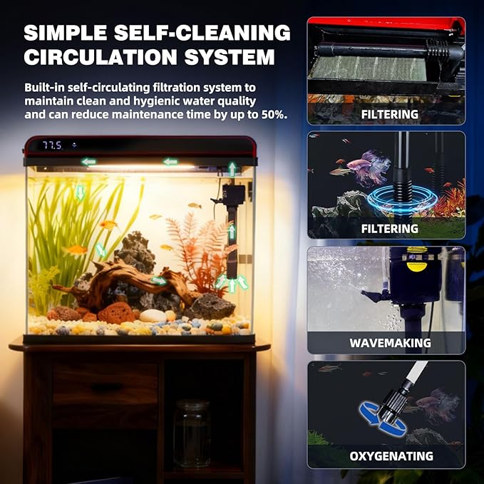 Coospider 20 Gallon Glass Fish Tank, Aquarium Starter Kit, Self-Cleaning Aquarium with 3-Color LED Lights, Quiet Filter Pump, Temperature Monitoring for Fish, Shrimp, Kids Gift Idea