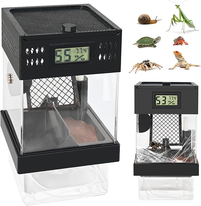 Pre-Assembled Jumping Spider Enclosure,Spider Enclosure with Thermometer and Self-Humidifying Device,Insect Terrarium with All-Side Ventilation, Praying Mantis Habitat,Includes a Hideout.