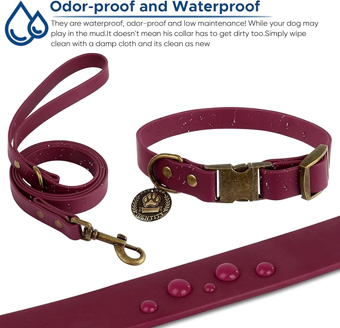 Wisedog Waterproof Dog Collar and Leash Set, Adjustable Puppy Collar with Cute Tag 4FT Dog Leash with Poop Bag for Small Medium Large Dogs (S, Burgundy)