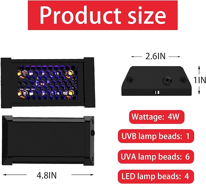 UVB & UVA Light for Reptiles, Dimmable LED Full Spectrum Sunlight Lamp with 3 Lighting Modes, 4/8/12H Timer for Tortoise, Gecko, Bearded Dragon, 4W Reptile Lamp, 5IN
