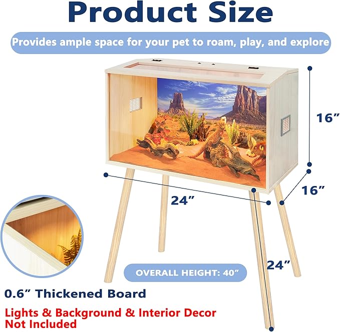 Prolee 26 Gallon Reptile Tank, Tempered Glass Bearded Dragon Tank with Wooden Roof and Lockable Doors, Large Lizard Habitat with Built-in Lamp Fixture for Snakes, Iguanas, Chameleons (Oak)