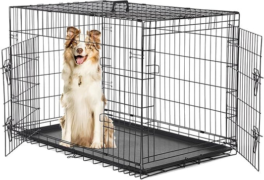 Dog Crate, 42 Inch Large Double Door Portable Dog Cage, Metal Wire Pet Kennel with Secure Lock, Leak-Proof Pan Tray, Foldable Design for Dogs Pets Indoor Training and Outdoor Trave