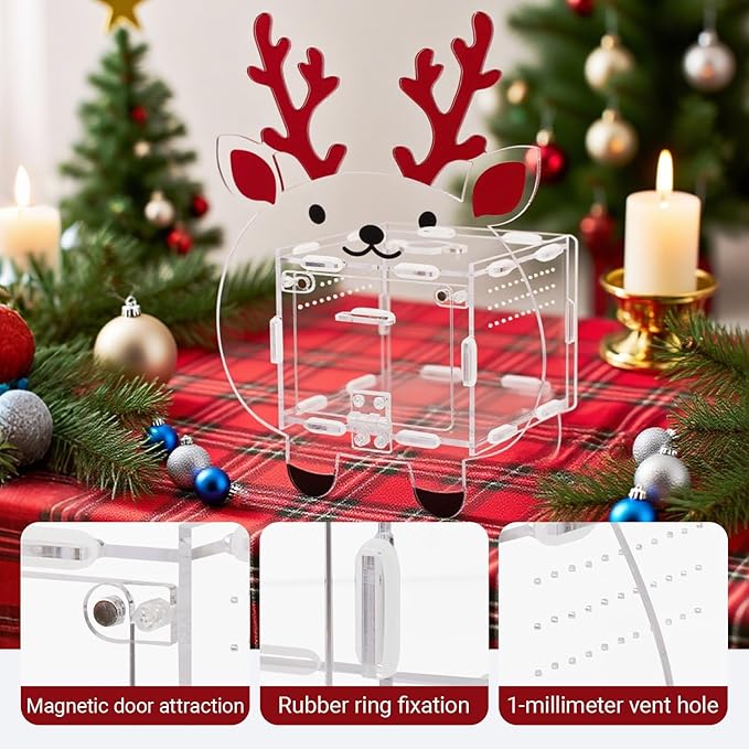 Acrylic Jumping Spider Enclosure 4.7x4.7x3.5 Inches, Magnetic Front Opening Door Escape-Proof Habitat for Tarantulas & Small Reptiles, Cute Deer-Shaped Acrylic Terrarium
