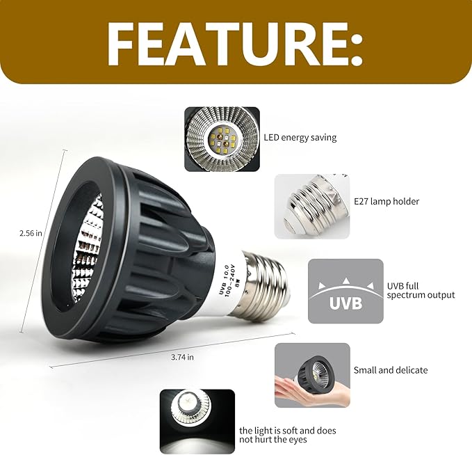 UVB Bulbs 8W 10.0,Reptile UVB Light LED Bulbs for Bearded Dragon,Turtle,Tortoise,Lizard,Gecko,Chameleon,Snake,Frog Tank