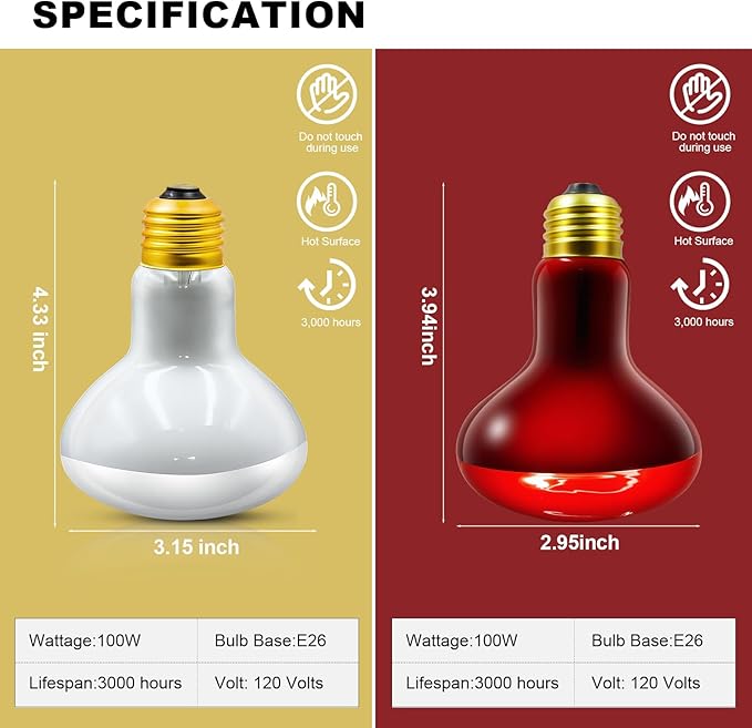 MIXJOY 100W Reptile Heat Lamp Bulb Combo, 2PCS Day & Night Reptile Heat Bulbs, UVA Daylight Intense Heat Basking Bulb Infrared Heat Light Bulb for Reptiles, Lizard, Tortoise, Bearded Dragon Chickens