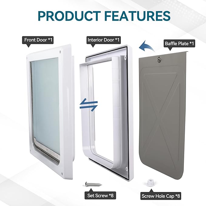 PAWISE 2 Way Dog Door, Lockable Dog Flap with Durable Metal Panel & Flexible Transparent Flap, Weatherproof & Easy Install Pet Door for Dogs, Quiet and Energy-Efficient Design Doggy Door (11.8"x12.2")