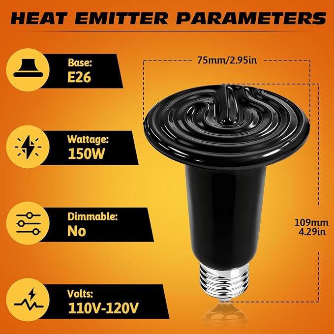 150W Ceramic Heat Emitter Reptile Heat Bulb E26 Base Heat Lamp Bulbs No Light Heat Lamp for Amphibian Pet Brooder Coop Lizard Turtle Snake Terrarium