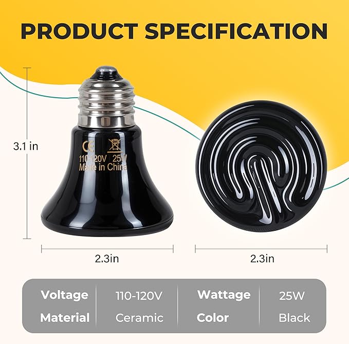 25W Mini Reptile Heat Lamp Bulbs 2-Pack, Ceramic Heat Emitters for Bearded Dragon Gecko Lizard Turtle Snake, Night Basking Heat Lamp for Amphibian Chicken Pets E26