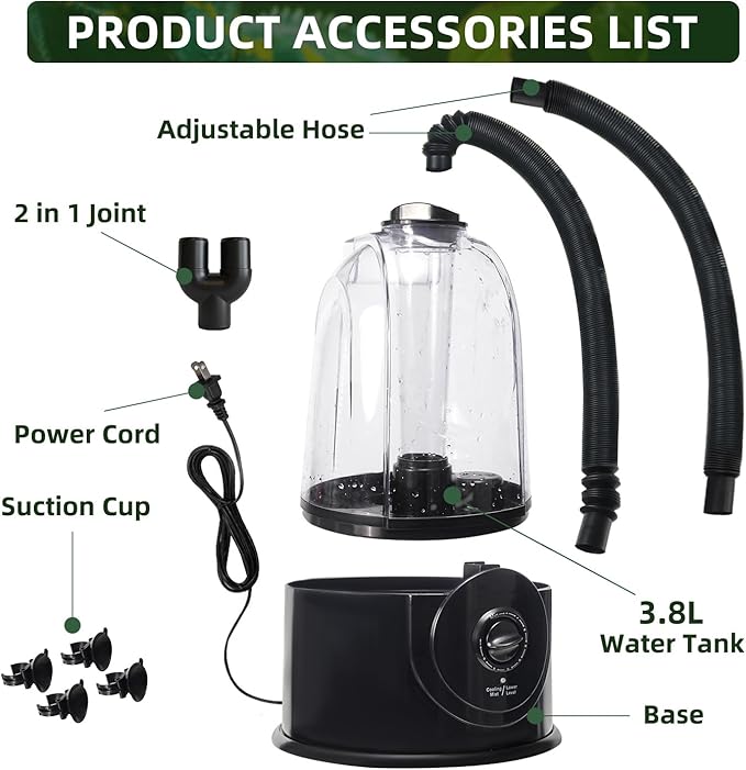 Coospider 3.8L Reptile Fogger Mister, Quiet Reptile Humidifier for Reptiles Tank, Terrarium Humidifiers, Reptile Misting System for Reptiles Amphibians Herps Vivarium (Dual Hose)