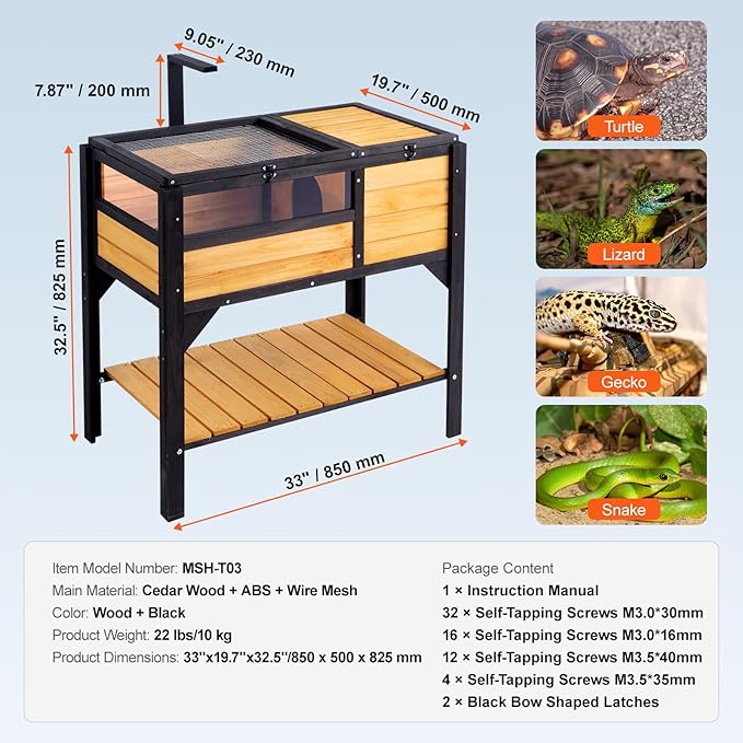 VEVOR Tortoise Habitat, Cedar Wooden Tortoise House Indoor & Outdoor, Tortoise Enclosure with Light Stand, Reptile Enclosure Small Animal Cage with Stand Legs for Gecko, Lizard, Snake