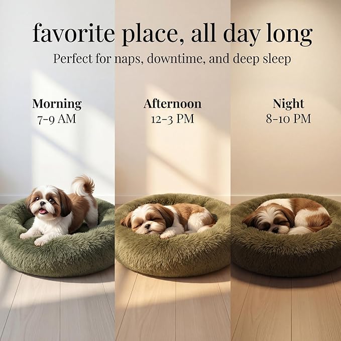 Calming Donut Dogs Beds for Small Dogs Washable,23inch Plush Round Pet Bed for Cozy Sleep,Fluffy Faux Fur Large Cat Bed,Fits up to 25 lbs Pets,Army Green