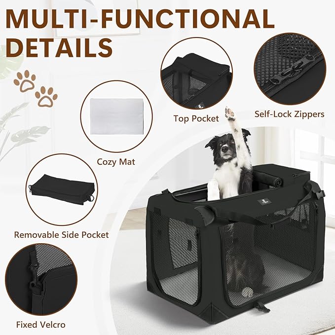 X-ZONE PET Dog Crate 3-Door Kennel, Collapsible Portable Soft Sided Pet Carriers for Indoor & Outdoor, Multiple (28-Inch, Carbon Black)